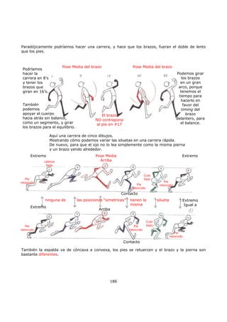 Paradójicamente podríamos hacer una carrera, y hace que los brazos, fueran el doble de lento
que los pies.
También la espalda va de cóncava a convexa, los pies se retuercen y el brazo y la pierna son
bastante diferentes.
186
Pose Media del brazoPose Media del brazo
Podríamos
hacer la
carrera en 8’s
y tener los
brazos que
giran en 16’s.
También
podemos
apoyar el cuerpo
hacia atrás sin balance,
como un segmento, y girar
los brazos para el equilibrio.
Podemos girar
los brazos
en un gran
arco, porque
tenemos el
tiempo para
hacerlo en
favor del
timing del
brazo
delantero, para
el balance.
Aquí una carrera de cinco dibujos.
Mostrando cómo podemos variar las siluetas en una carrera rápida.
De nuevo, para que el ojo no lo lea simplemente como la misma pierna
y un brazo yendo alrededor.
El brazo
NO contrapone
al pie en #17
Extremo ExtremoPose Media
Arriba
Contacto
Extremo
Igual a
Extremo
Arriba
Contacto
Pie
retorcido
cabeza
baja
Pie
retorcido
Culo
bajo
Pie
retorcido
ninguna de las posiciones “simetricas” tienen la
misma
silueta
Pie
retorcido
Pie
retorcido
Culo
bajo
Pie
retorcido
 