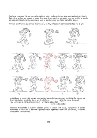Aquí una extensión (la carrera, salto, salto, y salto) en las próximas seis páginas (todo en Unos).
Esta vieja señora se parece al trozo de mapa de un camino animado, pero su acción se siente
correcta con los elementos esenciales todo lo que tenemos que hacer es hablar sobre.
Primero construimos su carrera de arranque, en 4's, empezando con los contactos #1, 5, y 9.
201
La salida de la carrera de una persona vieja muy contenida, como un ex-atleta. Su cabeza va
de arriba abajo y alrededor de en un círculo firme (la punta de nariz)
y su acción de la mano, el extremos #4 y 8 ( pica adelante)
como un boxeador.
Habiendo funcionado el cuerpo, cabeza, pierna y acción del brazo, agregamos la coleta
meneando y acción de la barbilla y pechos viejos agitándose como de costumbre, haciendo
una cosa en un momento.
 