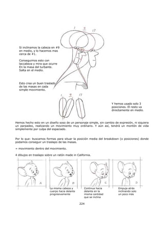 Y hemos usado solo 3
posiciones. El resto va
directamente en medio.
Si inclinamos la cabeza en #9
en medio, y lo hacemos mas
cerca de #1.
Conseguimos esto con
laccabeza y mira que ocurre
En la masa del turbante.
Salta en el medio.
Esto crea un buen traslado
de las masas en cada
simple movimiento.
Hemos hecho esto en un diseño soso de un personaje simple, sin cambio de expresión, ni siquiera
un parpadeo, realizando un movimiento muy ordinario. Y aún así, tendrá un montón de vida
simplemente por culpa del espaciado.
Por lo que: buscamos formas para situar la posición media del breakdown (o posiciones) donde
podamos conseguir un traslapo de las masas.
= movimiento dentro del movimiento.
4 dibujos en traslapo sobre un ratón made in California.
La misma cabeza y
cuerpo hacia delante
progresivamente
Continua hacia
delante en la
misma cantidad
que se inclina
Empuja atrás
inclinando solo
un poco más
224
 