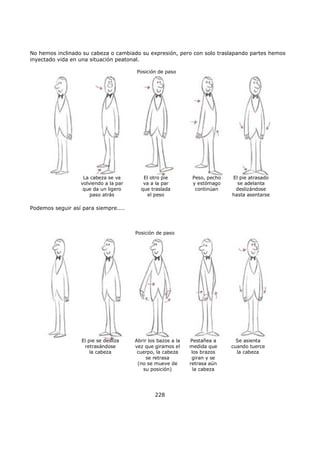 No hemos inclinado su cabeza o cambiado su expresión, pero con solo traslapando partes hemos
inyectado vida en una situación peatonal.
Posición de paso
La cabeza se va
volviendo a la par
que da un ligero
paso atrás
Peso, pecho
y estómago
continúan
El pie atrasado
se adelanta
deslizándose
hasta asentarse
El otro pie
va a la par
que traslada
el peso
Podemos seguir así para siempre....
Posición de paso
El pie se desliza
retrasándose
la cabeza
Pestañea a
medida que
los brazos
giran y se
retrasa aún
la cabeza
Se asienta
cuando tuerce
la cabeza
Abrir los bazos a la
vez que giramos el
cuerpo, la cabeza
se retrasa
(no se mueve de
su posición)
228
 