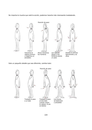 No importa lo muerta que esté la acción, podemos hacerla más interesante trasladando.
Posición de paso
Ahora movamos
los hombros
Las caderas
siguen a los
hombros dando
un paso
Desliza el otro pie
ligeramente y se
situa
Volvamos la
cabeza primero
y hagamos un
parpadeo
Solo un pequeño detalle que sea diferente, cambia todo:
Posición de paso
Traslada el peso
a un lado
Traslada el peso
al otro lado
cuando vuelve
la cabeza. El pie
se desliza
Los brazos
se balancean
y parpadea
229
 