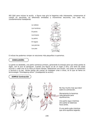 ASI QUE para incluso la acción o figura mas gris la hagamos más interesante, romperemos el
cuerpo en secciones, en diferentes entidades y moveremos secciones, una cada vez,
constantemente traslapando
La cabeza
Los hombros
El pecho
Los brazos
La pelvis
El regazo
Las piernas
Los pies
E incluso los podemos romper en secciones más pequeñas si queremos.
CONCLUSIÓN:
La gente se desdobla, una parte comienza primero, generando la energía para que otras partes la
sigan, con lo que se persiguen. Cuando una figura va de un lugar a otro, una serie de cosas
ocurren u cada una no lo hace al mismo tiempo. Retenemos una acción. Las cosas no comienzan
o termina a la par. Varias partes del cuerpo se traslapan unas a otras, es lo que se llama en
terminología "Overlapping action" (traslapando la acción).
SIMPLE Contracción
No hay mucho mas que decir
sobre la contracción.
Obviamente la hacemos
naturalmente para
equilibrarnos.
Una parte sigue mientras
otra parte se balancea
hacia atrás.
O una parte sube mientras
que otra equilibra bajando.
230
 