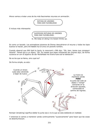 Ahora vamos a tratar unos de los más fascinantes recursos en animación.
ROTURA DE UNIONES
PARA DAR FLEXIBILIDAD
E incluso más interesante:
SUCESIVAS ROTURAS DE UNIONES
PARA DAR FLEXIBILIDAD.
ie. We keep on doing it to loosen thinks up.
Es como un bocado. Los animadores pioneros de Disney descubrieron el recurso y todos los tipos
buenos lo hacían, pero Art Babbit fue el único en ponerle nombre.
Cuando observé que Milt Kahl lo hacía, lo mencioné y Milt dijo: "Oh, bien, tienes que conseguir
hacerlo". Pensé que si yo dijera, "Oh, he notado que estas rompiendo las uniones aquí, de forma
sucesiva en con el objetivo de dar flexibilidad me tiraría fuera de la habitación".
No es los que se llama, sino ¿qué es?
De forma simple, es esto:
Cuando un brazo
sube esta volviendo
a bajar de nuevo.
La mano se
mantiene yendo
PERO
la junta del codo se
dobla o "rompe"
volviendo en la
dirección opuesta,
comenzado el
camino de regreso.
Romper (breaking) significa doblar la junta sea o no lo que se esta doblando en realidad.
Y entonces lo vamos a mantener yendo continuamente "sucesivamente" para hacer que las cosas
se desentumezcan.
231
 