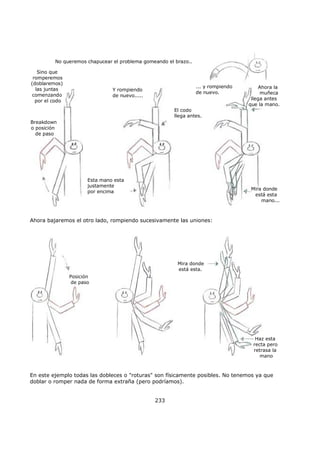 No queremos chapucear el problema gomeando el brazo..
Sino que
romperemos
(doblaremos)
las juntas
comenzando
por el codo
... y rompiendo
de nuevo.
Breakdown
o posición
de paso
Y rompiendo
de nuevo.....
El codo
llega antes.
Esta mano esta
justamente
por encima
Ahora la
muñeca
llega antes
que la mano.
Mira donde
está esta
mano...
Ahora bajaremos el otro lado, rompiendo sucesivamente las uniones:
Mira donde
está esta.
Posición
de paso
Haz esta
recta pero
retrasa la
mano
En este ejemplo todas las dobleces o "roturas" son físicamente posibles. No tenemos ya que
doblar o romper nada de forma extraña (pero podríamos).
233
 