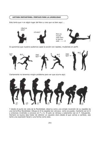 LECTURA INSTANTÁNEA. PERFILES PARA LA LEGIBILIDAD
Esto tenía que ir en algún lugar del libro y creo que va bien aquí....
¿Qué es
esto?
¿O esto?
Pero es
mucho
más claro
lo que es
esto
Si queremos que nuestra audiencia capte la acción con rapidez, muéstrala en perfil.
BUT
BUTBUTNOT
AND
NOT
AND
NOT
Ciertamente no tenemos ningún problema para ver que ocurre aquí.
Y desde el punto de vista de la flexibilidad, observa como una simple reversión de su espalda da
una terrorífica flexibilidad. Dibuja en D la espalda tan cóncava como se pueda; mantenlo así en E
y entonces inviértelo a convexo en F y G. El pelo se retrasa y solamente cae en F. Estupendo.
Siempre es buena idea tratar de obtener un opuesto claro desde el que vamos a cambiar, sea
tanto una expresión facial o una forma como esta.
251
 