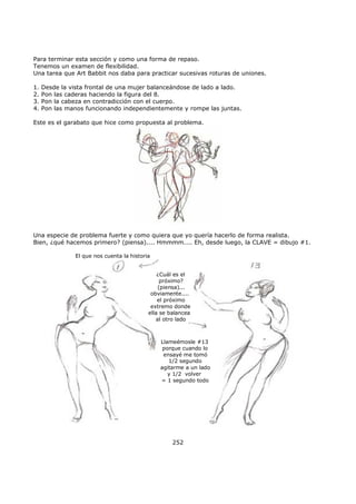 Para terminar esta sección y como una forma de repaso.
Tenemos un examen de flexibilidad.
Una tarea que Art Babbit nos daba para practicar sucesivas roturas de uniones.
1. Desde la vista frontal de una mujer balanceándose de lado a lado.
2. Pon las caderas haciendo la figura del 8.
3. Pon la cabeza en contradicción con el cuerpo.
4. Pon las manos funcionando independientemente y rompe las juntas.
Este es el garabato que hice como propuesta al problema.
Una especie de problema fuerte y como quiera que yo quería hacerlo de forma realista.
Bien, ¿qué hacemos primero? (piensa).... Hmmmm.... Eh, desde luego, la CLAVE = dibujo #1.
¿Cuál es el
próximo?
(piensa)...
obviamente....
el próximo
extremo donde
ella se balancea
al otro lado
Llameémosle #13
porque cuando lo
ensayé me tomó
1/2 segundo
agitarme a un lado
y 1/2 volver
= 1 segundo todo
El que nos cuenta la historia
252
 