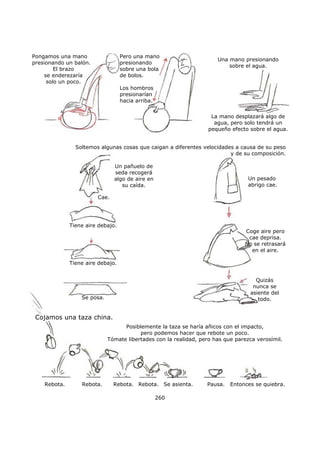 260
Pongamos una mano
presionando un balón.
El brazo
se enderezaría
solo un poco.
Pero una mano
presionando
sobre una bola
de bolos.
Los hombros
presionarían
hacia arriba.
Una mano presionando
sobre el agua.
La mano desplazará algo de
agua, pero solo tendrá un
pequeño efecto sobre el agua.
Soltemos algunas cosas que caigan a diferentes velocidades a causa de su peso
y de su composición.
Un pañuelo de
seda recogerá
algo de aire en
su caída.
Cae.
Tiene aire debajo.
Tiene aire debajo.
Un pesado
abrigo cae.
Coge aire pero
cae deprisa.
No se retrasará
en el aire.
Quizás
nunca se
asiente del
todo.Se posa.
Cojamos una taza china.
Posiblemente la taza se haría añicos con el impacto,
pero podemos hacer que rebote un poco.
Tómate libertades con la realidad, pero has que parezca verosímil.
Rebota. Rebota. Rebota. Rebota. Se asienta. Pausa. Entonces se quiebra.
 