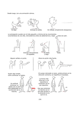 Desde luego, con una animación cómica.
276
Ve algo. Anticipa su salida. Sin dibujo, simplemente desaparece.
La anticipación sucede con el más pequeño y mínimo de los movimientos.
Levantándose de una silla, retrocedemos antes de adelantarnos y bajar antes de subir.
Anticipa retrocediendo
al respaldar.
Se dobla
y baja.
Sube.
Alguien señala un punto. Ahora la acción más fuerte.
El cuerpo retrocede un poco, yendo primero en la
dirección contraria, se magnifica el resultado.
Supón algo simple,
como comenzar un paseo.
Es artificial
comenzar un
paseo con un pie
más adelantado en
la dirección de la
marcha.
La forma más
obvia de ir a la
izquierda es
comenzar con el
pie izquierdo.
Hay que comenzar
la marcha con el
pie más cercano a
la dirección en la
que se va.
MAL
 