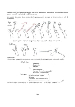 Este recurso le da un empuje extra a una acción mediante la anticipación invisible de cualquier
acción, pero sólo mediante 1, 2 o 3 fotogramas.
Un jugador de pelota base, atrapando la pelota, puede anticipar el lanzamiento en sólo 2
fotogramas.
284
Coge
la
pelota.
La anticipación avanza 2 fotogramas. Ahora vuelve a la anticipación normal.
Conclusión:
Siempre que sea posible buscaremos una anticipación (o anticipaciones) antes de la acción.
Hill Tytla dijo:
Se simple.
Se directo.
Se claro.
Y..
Se muy simple.
Haz una afirmación (situación)
Y acábala, "simplemente".
Por lo que:
1 Anticipamos la acción.
2 Hazla.
3 Muestra lo que hemos hecho.
La anticipación, naturalmente, no conduce directamente a los TAKES y ACCENTS.
 