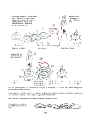 Hagamos ahora un tipo de doble
take. Mantendremos el mismo
esquema pero arrastrando la
cabeza de lado a lado y la
mantendremos "aplastada"
en su camino al #11
salta la forma
de la cabeza,
ojos y boca al
#11
bajando en doses por unos... y bajando en doses
debe mostrase
claramente de
esta manera
haz el 6 que
favorezca el #5
como extremo
No nos preocupemos de distorsionar dibujos o imágenes. La acción real tiene fotogramas
terriblemente distorsionados.
Pero debemos recordar cual es el volumen original y no olvidarlo cuando encojamos o estiremos
ese volumen así como cuando el personaje cambie de tamaño.
Milt Kahl dijo: "mantengo la misma cantidad de carne en un take".
Pero podemos apretarla
por todos lados como un
loco
289
 