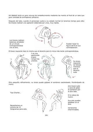 Art Babbitt tenía un gran recurso de embellecimiento mediante las manos al final de un take que
gran cantidad de animadores utilizaron.
Después del take, cuando el personaje vuelve a su estado normal (si tenemos tiempo para ello)
los brazos realizan una agitación elaborada por unos, muy rápida.
Los brazos realizan
balanceo alrededor
de un círculo
contraponiéndose
uno al otro.
Pueden hacer la
figura del 8 en sus
contraposición
El brazo izquierdo hace lo mismo que el derecho pero lo inicia más tarde contraponiéndose.
Y es una
oportunida
d para
romper las
uniones. Su brazo
izquierdo
se retrasa
mientras
que el
derecho
sube
Otro pequeño refinamiento: su brazo puede golpear el sombrero sacándoselo. Poniéndoselo de
nuevo
Tipo Charlot...
Necesitamos un
mínimo de 12
fotogramas para esto.
otro brazo sube
y saca de golpe
el sombrero por
el otro lado.
O lo coloca de
nuevo.
Sus pies pueden
pedalear en el
Aire.
Variaciones
Interminables.
291
 