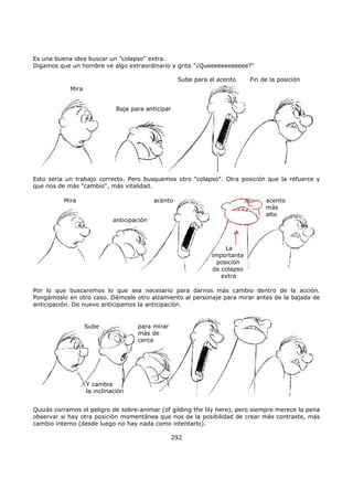 Es una buena idea buscar un "colapso" extra.
Digamos que un hombre ve algo extraordinario y grita "¿Queeeeeeeeeeee?"
Baja para anticipar
Sube para el acento Fin de la posición
Mira
Esto sería un trabajo correcto. Pero busquemos otro "colapso". Otra posición que la refuerce y
que nos de más "cambio", más vitalidad.
anticipación
Mira acento
La
importante
posición
de colapso
extra
acento
más
alto
Por lo que buscaremos lo que sea necesario para darnos más cambio dentro de la acción.
Pongámoslo en otro caso. Démosle otro alzamiento al personaje para mirar antes de la bajada de
anticipación. De nuevo anticipamos la anticipación.
Sube
Y cambia
la inclinación
para mirar
más de
cerca
Quizás corramos el peligro de sobre-animar (of gilding the lily here), pero siempre merece la pena
observar si hay otra posición momentánea que nos de la posibilidad de crear más contraste, más
cambio interno (desde luego no hay nada como intentarlo).
292
 