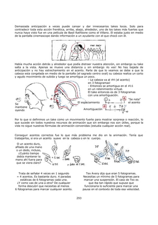 Demasiada anticipación a veces puede cansar y dar innecesarios takes locos. Solo para
contradecir toda esta acción frenética, arriba, abajo, alrededor, uno de los takes más fuertes que
nunca haya visto fue en una película de Basil Rathbone como el Villano. El estaba justo en medio
de la pantalla cinemascope dando información a un ayudante con el que chocó con él.
Había mucha acción detrás y alrededor que podía distraer nuestra atención, sin embargo su take
salta a la vista. Apenas se mueve una distancia y sin embargo ¡lo ves! No hay bajada de
anticipación y no hay estrechamiento en el acento. Parte de que lo veamos se debe a que la
cabeza esta congelada en medio de la pantalla (el sagrado centro oval) su cabeza realiza un corto
y agudo movimiento de subida y luego se amortigua un poco.
Se
mantiene
oyendo
- La cabeza va al #4 (el acento)
en 3 fotogramas!
- Entonces se amortigua en el #11
en un retenimiento virtual.
El take entonces es de 3 fotogramas
con una amortiguación.
El espaciamiento
Amortiguación
"Se nota"
el acento
Por lo que si definimos un take como un movimiento fuerte para mostrar sorpresa o reacción, lo
que sucede sin todos nuestros recursos de animación que sin embargo nos son útiles, porque la
vida no sigue nuestras fórmulas de animación convenidas (estudia cualquier acción real).
Conseguir acentos correctos fue lo que más problema me dio en la animación. Tenía que
trabajarlos, si era un acento suave en la cabeza o en le cuerpo.
O un acento duro,
afilado de una mano
o un dedo, incluso,
¿Cuánto tiempo
debía mantener la
mano ahí fuera para
que se viera claro?
Trata de señalar 4 veces en 1 segundo
= 4 acentos. Es bastante duro. 4 paradas
estáticas de 6 fotogramas cada una.
¿Y como vas de una a otra? De cualquier
forma descubrí que necesitas al menos
6 fotogramas para marcar cualquier acento.
Tex Avery dijo que eran 5 fotogramas.
Necesitas un mínimo de 5 fotogramas para
marcar una suspensión. El caso de Tex es
que iba tan rápido que supuse que
funcionaria lo suficiente para marcar una
pausa en el contexto de toda esa velocidad.
293
 