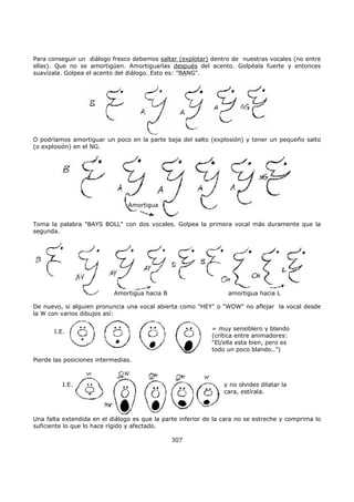 Para conseguir un diálogo fresco debemos saltar (explotar) dentro de nuestras vocales (no entre
ellas). Que no se amortigüen. Amortiguarlas después del acento. Golpéala fuerte y entonces
suavízala. Golpea el acento del diálogo. Esto es: "BANG".
O podríamos amortiguar un poco en la parte baja del salto (explosión) y tener un pequeño salto
(o explosión) en el NG.
Amortigua
Toma la palabra "BAYS BOLL" con dos vocales. Golpea la primera vocal más duramente que la
segunda.
Amortigua hacia B amortigua hacia L
De nuevo, si alguien pronuncia una vocal abierta como "HEY" o "WOW" no aflojar la vocal desde
la W con varios dibujos así:
= muy sensiblero y blando
(crítica entre animadores:
“El/ella esta bien, pero es
todo un poco blando..”)
I.E.
Pierde las posiciones intermedias.
y no olvides dilatar la
cara, estírala.
I.E.
Una falta extendida en el diálogo es que la parte inferior de la cara no se estreche y comprima lo
suficiente lo que lo hace rígido y afectado.
307
 