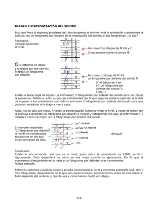 IMAGEN Y SINCRONIZACIÓN DEL SONIDO
Esto nos lleva al espinoso problema de: sincronizamos al mismo nivel la animación o animamos la
película con un fotograma por delante de la modulación del sonido, o dos fotogramas. ¿O qué?
Respuesta:
trabajar igualando
el nivel. Pon nuestros dibujos de M #6 y 7.
Directamente sobre el sonido M.
Pon nuestro dibujo de M #5
un fotograma por delante del sonido M
(Y el dibujo de Y en
#7 un fotograma por
delante del sonido Y,
Y etc...)
O si estamos en doses
y trabajas por ese camino.
Trabaja un fotograma
por delante.
Existe la tosca regla de hojear (la animación) 2 fotogramas por delante del sonido para ver mejor
la secuencia. Debido a esto surgió una enfermedad por la que algunos editores ejercían la tiranía
de imponer a los animadores que todo lo animaran 2 fotogramas por delante del sonido para que
pudieran adelantar el trabajo e irse a casa.
Falso. No es solo una regla. A veces la sincronización funciona mejor a nivel, a veces es mejor con
la película avanzando un fotograma por delante o incluso 2 fotogramas (he aquí la enfermedad). E
incluso a veces va mejor con 3 fotogramas por delante del sonido.
Si siempre respondes
"2 fotogramas por delante"
te verás en complicadas
situaciones en las que
estas pensando de lado.
¿Porqué?
Conclusión:
Existe la sincronización real que es a nivel, justo sobre la modulación es 100% perfecto
lógicamente. Todo dependerá de cómo se vea mejor cuando la ejecutemos. Por la que la
exponemos directamente en la nariz o un fotograma por delante, si es conveniente.
Nunca después.
Entonces podemos visualizar nuestra prueba sincronizada a nivel y entonces avanzarla una, dos o
tres fotogramas, dependiendo de lo que nos parezca mejor. Aprenderemos cosas de esta manera.
Todo depende del carácter y tipo de voz y como hemos hecho el trabajo.
310
 