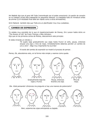 Art Babbitt dijo que el gran Hill Tytla (renombrado por el poder emocional y la pasión de corazón
en su trabajo) ocupó días trabajando en pequeños esbozos. Lo trabajaba todo en miniatura antes
de animar (y el resultado final salía tan rápido como a otros animadores).
Grim Natwick también dijo que Tytla era un planificador muy muy cuidadoso.
CAMBIO DE EXPRESION
Yo estaba muy prendido de lo que el maestro/animador de Disney, Eric Larson había dicho en
"The illusion of Life" de Frank Thomas y Ollie Johnston.
Dijo que en los primeros cortos de Mickey, descubrieron este principio:
Si estás mirando un retrato y:
"El sujeto baja gradualmente sus cejas hasta fruncir el ceño, pausa, entonces
arquea una ceja y mira de reojo, inmediatamente deberías percibir un cambio de
uno a otro". ¡Algo muy importante ha ocurrido!
A través del cambio de expresión se mostró el proceso de pensar.
Pienso, Ok, abocetemos esto, en la forma más simple y veamos como queda.
320
Gradualmente baja las
cejas y frunce.
Pausa, entonces
levanta una ceja.
Mira de
reojo.
Ole. ¡Está pensando! ¿Entonces me pregunto si hay una manera de potenciarlo?
Bien, subamos las cejas anticipando su bajada.
 