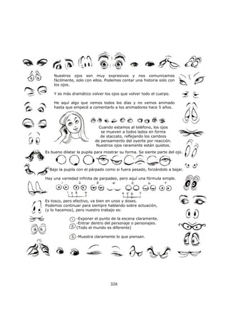 326
Nuestros ojos son muy expresivos y nos comunicamos
fácilmente, solo con ellos. Podemos contar una historia solo con
los ojos.
Y es más dramático volver los ojos que volver todo el cuerpo.
He aquí algo que vemos todos los días y no vemos animado
hasta que empecé a comentarlo a los animadores hace 5 años.
Cuando estamos al teléfono, los ojos
se mueven a todos lados en forma
de staccato, reflejando los cambios
de pensamiento del oyente por reacción.
Nuestros ojos raramente están quietos.
Es bueno dilatar la pupila para mostrar su forma. Se siente parte del ojo.
Hay una variedad infinita de parpadeo, pero aquí una fórmula simple.
Es tosco, pero efectivo, va bien en unos y doses.
Podemos continuar para siempre hablando sobre actuación,
(y lo hacemos), pero nuestro trabajo es:
Bajo la pupila con el párpado como si fuera pesado, forzándolo a bajar.
-Exponer el punto de la escena claramente.
-Entrar dentro del personaje o personajes.
(Todo el mundo es diferente)
-Muestra claramente lo que piensan.
 