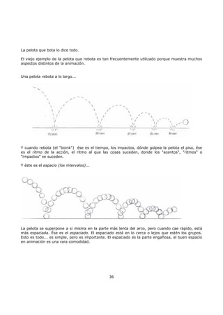 La pelota que bota lo dice todo.
El viejo ejemplo de la pelota que rebota es tan frecuentemente utilizado porque muestra muchos
aspectos distintos de la animación.
Una pelota rebota a lo largo...
Y cuando rebota (el "boink") ése es el tiempo, los impactos, dónde golpea la pelota el piso, ése
es el ritmo de la acción, el ritmo al que las cosas suceden, donde los "acentos", "ritmos" o
"impactos" se suceden.
Y éste es el espacio (los intervalos)...
La pelota se superpone a sí misma en la parte más lenta del arco, pero cuando cae rápido, está
más espaciada. Ése es el espaciado. El espaciado está en lo cerca o lejos que estén los grupos.
Esto es todo... es simple, pero es importante. El espaciado es la parte engañosa, el buen espacio
en animación es una rara comodidad.
36
 