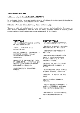 3 MODOS DE ANIMAR
1. El modo natural, llamado HACIA ADELANTE
Se comienza a dibujar y se ve qué sucede, como un niño dibujando en los ángulos de las páginas
de un cuaderno escolar, agregando los números al final.
El Director y Animador del estudio Disney, Woolie Reitherman, dijo:
"Cuando no sabía qué estaba haciendo en una acción, siempre iba hacia adelante. Comenzaba en
unos, la mitad del tiempo no tenía idea de lo que estaba haciendo. Para mí es divertido, puedo
encontrar algo en el camino que no encontraría trabajando de otro modo".
VENTAJAS
- SE CONSIGUE UNA FLUIDEZ NATURAL,
DE ACCIÓN ESPONTANEA.
- TIENE LA VITALIDAD DE LA
IMPROVISACIÓN.
- ES MUY "CREATIVO", UNO VA CON LA
CORRIENTE TOMANDO TODA LA
ACCIÓN A MEDIDA QUE VA
SURGIENDO.
-A MENUDO, EL INCONSCIENTE ENTRA
EN JUEGO, COMO A LOS AUTORES QUE
AFIRMAN QUE SUS PERSONAJES LES
DICEN QUÉ VA A SUCEDER.
- PUEDE PRODUCIR SORPRESAS...
"MAGIA".
DESVENTAJAS
- LA ACCIÓN SE TORNA ERRÁTICA.
- EL TIEMPO SE DILATA, Y EL PLANO
SE HACE CADA VEZ MÁS LARGO.
- LOS PERSONAJES CRECEN Y SE
ENCOGEN.
- SE PUEDE TENDER A PERDER DE
VISTA EL PLANTEAMIENTO DEL
PLANO, Y NO LLEGAR AL LUGAR
INDICADO A TIEMPO.
- EL DIRECTOR NOS ODIA, AL NO
PODER VER QUÉ SUCEDE EN EL
PLANO.
- EL LÍO RESULTA ARDUO DE PASAR
A LIMPIO, Y DIFÍCIL DE ASISTIR.
- ES CARO... EL PRODUCTOR NOS
ODIA.
- PUEDE SER MALO PARA LOS
NERVIOS.
- RIESGO DE LOCURA ARTÍSTICA Y
ATAQUES DE NERVIOS MIENTRAS
NOS DEBATIMOS EN EL VACIO.
- EN ESPECIAL, CUANDO LA FECHA
DE ENTREGA ES INMINENTE.
61
 