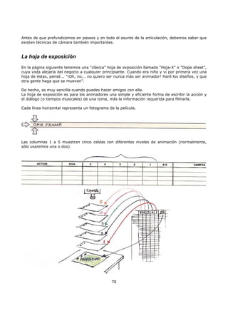 Antes de que profundicemos en paseos y en todo el asunto de la articulación, debemos saber que
existen técnicas de cámara también importantes.
La hoja de exposición
En la página siguiente tenemos una "clásica" hoja de exposición llamada "Hoja-X" o "Dope sheet",
cuya vista alejaría del negocio a cualquier principiante. Cuando era niño y vi por primera vez una
hoja de éstas, pensé... "¡Oh, no... no quiero ser nunca más ser animador! Haré los diseños, y que
otra gente haga que se muevan".
De hecho, es muy sencilla cuando puedes hacer amigos con ella.
La hoja de exposición es para los animadores una simple y eficiente forma de escribir la acción y
el diálogo (o tiempos musicales) de una toma, más la información requerida para filmarla.
Cada línea horizontal representa un fotograma de la película.
Las columnas 1 a 5 muestran cinco celdas con diferentes niveles de animación (normalmente,
sólo usaremos una o dos).
70
 