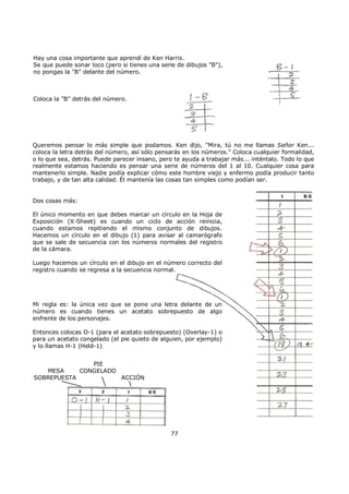 Hay una cosa importante que aprendí de Ken Harris.
Se que puede sonar loco (pero si tienes una serie de dibujos "B"),
no pongas la "B" delante del número.
Coloca la "B" detrás del número.
Queremos pensar lo más simple que podamos. Ken dijo, "Mira, tú no me llamas Señor Ken...
coloca la letra detrás del número, así sólo pensarás en los números." Coloca cualquier formalidad,
o lo que sea, detrás. Puede parecer insano, pero te ayuda a trabajar más... inténtalo. Todo lo que
realmente estamos haciendo es pensar una serie de números del 1 al 10. Cualquier cosa para
mantenerlo simple. Nadie podía explicar cómo este hombre viejo y enfermo podía producir tanto
trabajo, y de tan alta calidad. Él mantenía las cosas tan simples como podían ser.
Dos cosas más:
El único momento en que debes marcar un círculo en la Hoja de
Exposición (X-Sheet) es cuando un ciclo de acción reinicia,
cuando estamos repitiendo el mismo conjunto de dibujos.
Hacemos un círculo en el dibujo (1) para avisar al camarógrafo
que se sale de secuencia con los números normales del registro
de la cámara.
Luego hacemos un círculo en el dibujo en el número correcto del
registro cuando se regresa a la secuencia normal.
Mi regla es: la única vez que se pone una letra delante de un
número es cuando tienes un acetato sobrepuesto de algo
enfrente de los personajes.
Entonces colocas O-1 (para el acetato sobrepuesto) (Overlay-1) o
para un acetato congelado (el pie quieto de alguien, por ejemplo)
y lo llamas H-1 (Held-1)
PIE
CONGELADOMESA
SOBREPUESTA ACCIÓN
77
 