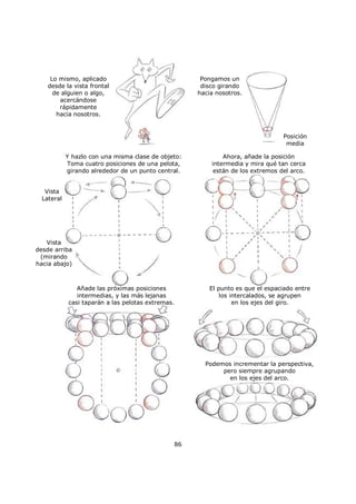 Lo mismo, aplicado
desde la vista frontal
de alguien o algo,
acercándose
rápidamente
hacia nosotros.
Pongamos un
disco girando
hacia nosotros.
Posición
media
Y hazlo con una misma clase de objeto:
Toma cuatro posiciones de una pelota,
girando alrededor de un punto central.
Ahora, añade la posición
intermedia y mira qué tan cerca
están de los extremos del arco.
Vista
desde arriba
(mirando
hacia abajo)
Vista
Lateral
Añade las próximas posiciones
intermedias, y las más lejanas
casi taparán a las pelotas extremas.
El punto es que el espaciado entre
los intercalados, se agrupen
en los ejes del giro.
Podemos incrementar la perspectiva,
pero siempre agrupando
en los ejes del arco.
86
 