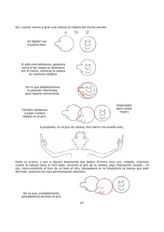 Así, cuando vamos a girar una cabeza se tratará del mismo asunto:
Art Babbit nos
muestra esto:
(Separadas
para verlas
mejor)
También tendemos
a bajar nuestra
cabeza en el giro.
Por lo que desplazaremos
la posición intermedia,
para hacerlo convincente.
Si sólo intercaláramos, parecería
como si los rasgos se deslizaran
por el rostro, mientras la cabeza
se mantiene estática.
A propósito, en el giro de cabeza, Ken Harris me enseñó esto:
Hazlo tú mismo, o pon a alguien levantando dos dedos. Primero mira uno, relájate, entonces
vuelve la cabeza hacia el otro dedo. Durante el giro de la cabeza, algo interesante sucede... el
ojo, interrumpiendo el foco de un lado al otro, parpadeará en la trayectoria (a menos que esté
aterrado, entonces los ojos permanecerán abiertos).
Así es que, probablemente,
parpadeemos durante el giro.
87
 