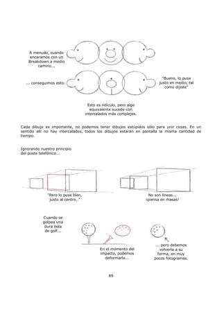 A menudo, cuando
encaramos con un
Breakdown a medio
camino...
... conseguimos esto:
"Bueno, lo puse
justo en medio, tal
como dijiste"
Esto es ridículo, pero algo
equivalente sucede con
intercalados más complejos.
Cada dibujo es importante, no podemos tener dibujos estúpidos sólo para unir cosas. En un
sentido allí no hay intercalados, todos los dibujos estarán en pantalla la misma cantidad de
tiempo.
Ignorando nuestro principio
del poste telefónico...
"Pero lo puse bien,
justo al centro.."
No son líneas...
¡piensa en masas!
Cuando se
golpea una
dura bola
de golf...
En el momento del
impacto, podemos
deformarla...
... pero debemos
volverla a su
forma, en muy
pocos fotogramas.
89
 