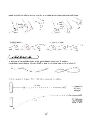 Idealmente, el intercalador debiera entender y ser capaz de completar acciones excéntricas.
No sólo un
intercalado
lineal...
Sino
algo
como
esto...
Y no como esto... ... sino como esto.
VIGILA TUS ARCOS
La mayoría de las acciones siguen arcos, generalmente una acción es un arco.
Casi todo el tiempo, la guía de la acción es un arco en forma de ola o en forma de ocho:
Pero, a veces es un ángulo o línea recta, las líneas rectas dan poder.
Sin arco
Arco
En una corta
distancia,
va recto.
En distancias
prolongadas,
sigue un arco.
90
 