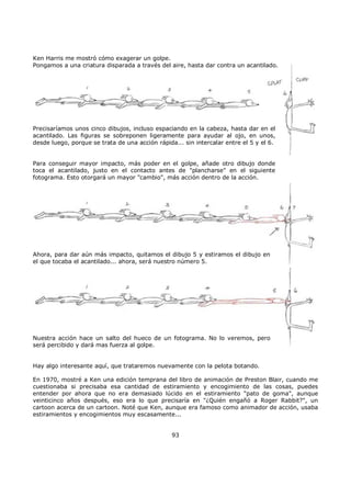 Precisaríamos unos cinco dibujos, incluso espaciando en la cabeza, hasta dar en el
acantilado. Las figuras se sobreponen ligeramente para ayudar al ojo, en unos,
desde luego, porque se trata de una acción rápida... sin intercalar entre el 5 y el 6.
Para conseguir mayor impacto, más poder en el golpe, añade otro dibujo donde
toca el acantilado, justo en el contacto antes de "plancharse" en el siguiente
fotograma. Esto otorgará un mayor "cambio", más acción dentro de la acción.
Ahora, para dar aún más impacto, quitamos el dibujo 5 y estiramos el dibujo en
el que tocaba el acantilado... ahora, será nuestro número 5.
Nuestra acción hace un salto del hueco de un fotograma. No lo veremos, pero
será percibido y dará mas fuerza al golpe.
Hay algo interesante aquí, que trataremos nuevamente con la pelota botando.
Ken Harris me mostró cómo exagerar un golpe.
Pongamos a una criatura disparada a través del aire, hasta dar contra un acantilado.
En 1970, mostré a Ken una edición temprana del libro de animación de Preston Blair, cuando me
cuestionaba si precisaba esa cantidad de estiramiento y encogimiento de las cosas, puedes
entender por ahora que no era demasiado lúcido en el estiramiento "pato de goma", aunque
veinticinco años después, eso era lo que precisaría en "¿Quién engañó a Roger Rabbit?", un
cartoon acerca de un cartoon. Noté que Ken, aunque era famoso como animador de acción, usaba
estiramientos y encogimientos muy escasamente...
93
 