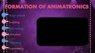 Programming
Design process
Sculpting
Fabrication
Mold making
Costuming
 