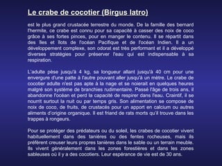 Le crabe de cocotier (Birgus latro)
est le plus grand crustacée terrestre du monde. De la famille des bernard
l'hermite, ce crabe est connu pour sa capacité à casser des noix de coco
grâce à ses fortes pinces, pour en manger le contenu. Il se répartit dans
des îles et îlots de l'océan Pacifique et de l'océan Indien. Il a un
développement complexe, son odorat est très performant et il a développé
diverses stratégies pour préserver l'eau qui est indispensable à sa
respiration.

L’adulte pèse jusqu'à 4 kg, sa longueur allant jusqu'à 40 cm pour une
envergure d'une patte à l'autre pouvant aller jusqu'à un mètre. Le crabe de
cocotier adulte n'est pas apte à la nage et se noierait en quelques heures
malgré son système de branchies rudimentaire. Passé l'âge de trois ans, il
abandonne l'océan et perd la capacité de respirer dans l'eau. Craintif, il se
nourrit surtout la nuit ou par temps gris. Son alimentation se compose de
noix de coco, de fruits, de crustacés pour un apport en calcium ou autres
aliments d’origine organique. Il est friand de rats morts qu’il trouve dans les
trappes à rongeurs.

Pour se protéger des prédateurs ou du soleil, les crabes de cocotier vivent
habituellement dans des tanières ou des fentes rocheuses, mais ils
préfèrent creuser leurs propres tanières dans le sable ou un terrain meuble.
Ils vivent généralement dans les zones forestières et dans les zones
sableuses où il y a des cocotiers. Leur espérance de vie est de 30 ans.
 