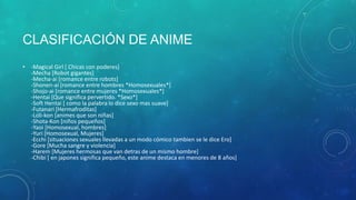CLASIFICACIÓN DE ANIME
• -Magical Girl [ Chicas con poderes]
-Mecha [Robot gigantes]
-Mecha-ai [romance entre robots]
-Shonen-ai [romance entre hombres *Homosexuales*]
-Shojo-ai [romance entre mujeres *Homosexuales*]
-Hentai [Que significa pervertido. *Sexo*]
-Soft Hentai [ como la palabra lo dice sexo mas suave]
-Futanari [Hermafroditas]
-Loli-kon [animes que son niñas]
-Shota-Kon [niños pequeños]
-Yaoi [Homosexual, hombres]
-Yuri [Homosexual, Mujeres]
-Ecchi [situaciones sexuales llevadas a un modo cómico tambien se le dice Ero]
-Gore [Mucha sangre y violencia]
-Harem [Mujeres hermosas que van detras de un mismo hombre]
-Chibi [ en japones significa pequeño, este anime destaca en menores de 8 años]

 