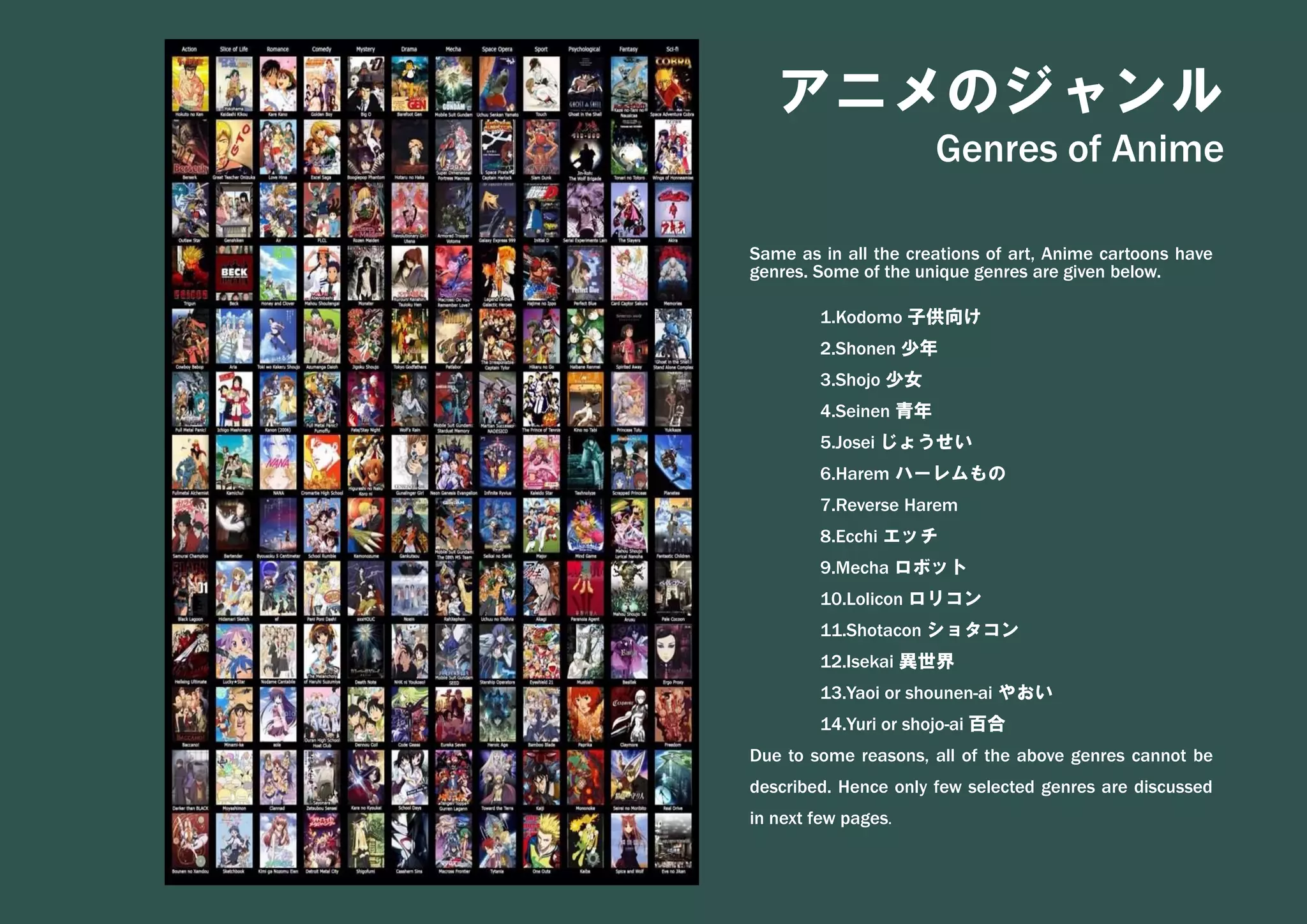 アニメのジャンル
Genres of Anime
Same as in all the creations of art, Anime cartoons have
genres. Some of the unique genres are given below.
1.Kodomo 子供向け
2.Shonen 少年
3.Shojo 少女
4.Seinen 青年
5.Josei じょうせい
6.Harem ハーレムもの
7.Reverse Harem
8.Ecchi エッチ
9.Mecha ロボット
10.Lolicon ロリコン
11.Shotacon ショタコン
12.Isekai 異世界
13.Yaoi or shounen-ai やおい
14.Yuri or shojo-ai 百合
Due to some reasons, all of the above genres cannot be
described. Hence only few selected genres are discussed
in next few pages.
 