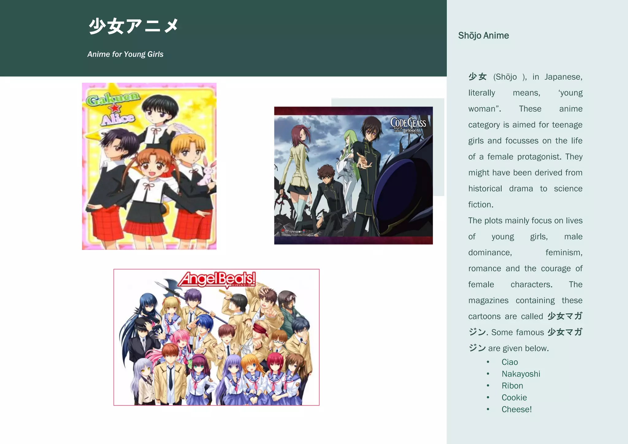 1
2
3
少女 (Shōjo ), in Japanese,
literally means, ‘young
woman”. These anime
category is aimed for teenage
girls and focusses on the life
of a female protagonist. They
might have been derived from
historical drama to science
fiction.
The plots mainly focus on lives
of young girls, male
dominance, feminism,
romance and the courage of
female characters. The
magazines containing these
cartoons are called 少女マガ
ジン. Some famous 少女マガ
ジン are given below.
• Ciao
• Nakayoshi
• Ribon
• Cookie
• Cheese!
Shōjo Anime
Anime for Young Girls
少女アニメ
 