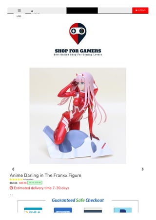  0 ITEMS
LOG IN
Color
15cm No Box
Sale Ends Once The Timer Hits Zero!
Anime Darling in The Franxx Figure
     49 reviews
$62.94 $46.96 SAVE $15.98
 Estimated delivery time 7-30 days
USD
 