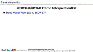 #denatechcon
7
1
Video Frame Synthesis using Deep Voxel Flow.
Ziwei Liu, Raymond A. Yeh, Xiaoou Tang, Yiming Liu, Aseem Ag...