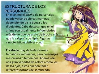 ESTRUCTURA DE LOS
PERSONAJES
En el anime el diseño de personajes
puede variar de ciertas maneras
dependiendo de la época o los
dibujantes. Cabe destacar que en el
anime son usualmente influenciados
más de un tipo de estilo de brocha más
que la caligrafía de lápiz. Algunas
características visibles son:

El cabello: hay de todas formas,
tamaños y volúmenes, para personajes
masculinos o femeninos. Además de
una gran variedad de colores como los
de los ojos, estos pueden tener
diferentes formas de sombreado
 