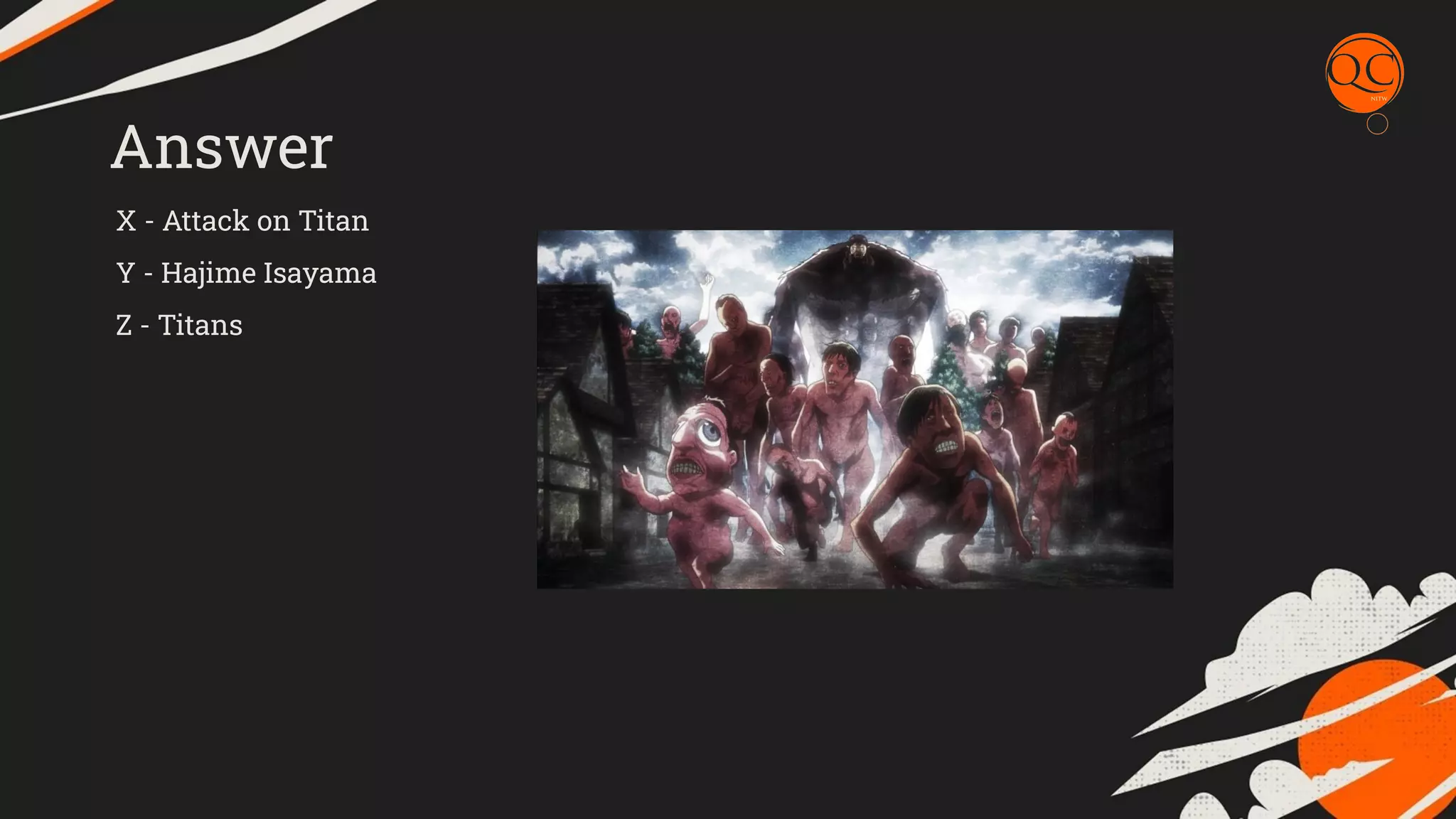 Answer
X - Attack on Titan
Y - Hajime Isayama
Z - Titans
 