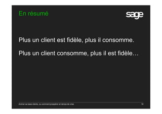 Animer sa base clients, ou comment prospérer en temps de crise 19
En résumé
Plus un client est fidèle, plus il consomme.
Plus un client consomme, plus il est fidèle…
 