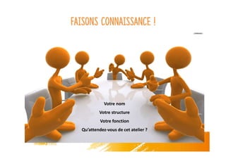 Faisons connaissance !
Votre nom
Votre structure
Votre fonction
Qu’attendez-vous de cet atelier ?
 