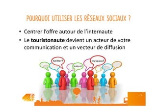 Pourquoi utiliser les réseaux sociaux ?
• Centrer l’offre autour de l’internaute
• Le touristonaute devient un acteur de votre
communication et un vecteur de diffusion
 