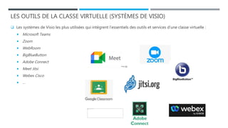 LES OUTILS DE LA CLASSE VIRTUELLE (SYSTÈMES DE VISIO)
 Les systèmes de Visio les plus utilisées qui intègrent l’essentiels des outils et services d’une classe virtuelle :
 Microsoft Teams
 Zoom
 WebRoom
 BigBlueButton
 Adobe Connect
 Meet Jitsi
 Webex Cisco
 …
 