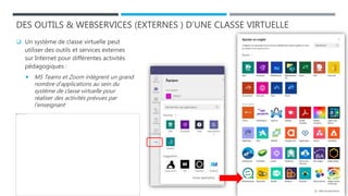 DES OUTILS & WEBSERVICES (EXTERNES ) D’UNE CLASSE VIRTUELLE
 Un système de classe virtuelle peut
utiliser des outils et services externes
sur Internet pour différentes activités
pédagogiques :
 MS Teams et Zoom intègrent un grand
nombre d’applications au sein du
système de classe virtuelle pour
réaliser des activités prévues par
l’enseignant
 