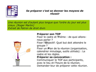 Se préparer c’est se donner les moyens de
                                réussir


Une réunion est d'autant plus longue que l'ordre du jour est plus
creux. [Roger Martin]
Extrait de Patron de droit divin

                       Préparer son TOP
                       Fixer le cadre et Thème : de quoi allons-
                       nous parler ?
                       Fixer l’Objectif: Quel but doit attendre le
                       groupe ?
                       Fixer un Plan de la réunion (organisation,
                       calendrier minutage, outils utilisés) : Le
                       cadre et les règles.
                       Préparer sa convocation :
                       Communiquer le TOP aux participants,
                       avec le lieu et l’heure de la réunion.
                       Demander-leur de préparer cette réunion.
 