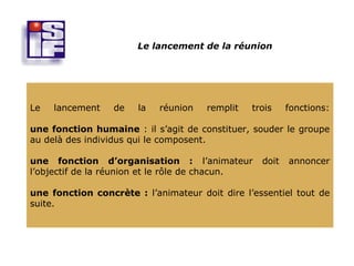 Le lancement de la réunion




Le   lancement    de   la   réunion   remplit   trois    fonctions:

une fonction humaine : il s’agit de constituer, souder le groupe
au delà des individus qui le composent.

une fonction d’organisation : l’animateur         doit   annoncer
l’objectif de la réunion et le rôle de chacun.

une fonction concrète : l’animateur doit dire l’essentiel tout de
suite.
 
