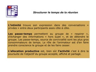 Structurer le temps de la réunion




L’intimité trouve son expression dans des conversations «
privées » entre deux participants assis côte à côte.

Les passe-temps permettent au groupe de « respirer »,
d’échanger des informations « hors sujet », et de détendre le
groupe. Les passe-temps, source de convivialité sont les plus gros
consommateurs de temps. Le rôle de l’animateur est d’en faire
prendre conscience le groupe et de les faire cesser.

L’allocation productive est, bien sûr l’activité c’est à dire la
poursuite de l’objectif du groupe accepté, affiché et partagé.
 