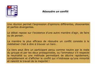 Résoudre un conflit




Une réunion permet l’expression d’opinions différentes, dissonantes
et parfois divergentes.

Le débat repose sur l’existence d’une autre manière d’agir, de faire
ou de penser.

La manière la plus efficace de résoudre un conflit consiste à le
médiatiser c’est à dire à trouver un tiers .

Ce tiers peut être un participant perçu comme neutre par le reste
du groupe et par les deux protagonistes, ou l’animateur s’il respecte
la neutralité ou une méthode permettant de décrire rapidement,
complètement et d’afficher le conflit qui n’intéresse qu’une minorité
et ralentit le travail de la majorité !
 