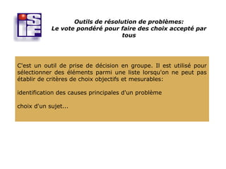 Outils de résolution de problèmes:
            Le vote pondéré pour faire des choix accepté par
                                   tous




C'est un outil de prise de décision en groupe. Il est utilisé pour
sélectionner des éléments parmi une liste lorsqu'on ne peut pas
établir de critères de choix objectifs et mesurables:

identification des causes principales d'un problème

choix d'un sujet...
 
