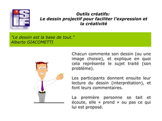 Outils créatifs:
              Le dessin projectif pour faciliter l’expression et
                                la créativité


"Le dessin est la base de tout."
Alberto GIACOMETTI

                              Chacun commente son dessin (ou une
                              image choisie), et explique en quoi
                              cela représente le sujet traité (son
                              problème).

                              Les participants donnent ensuite leur
                              lecture du dessin (interprétation), et
                              font leurs commentaires.

                              La première personne se tait et
                              écoute, elle « prend » ou pas ce qui
                              lui est proposé.
 